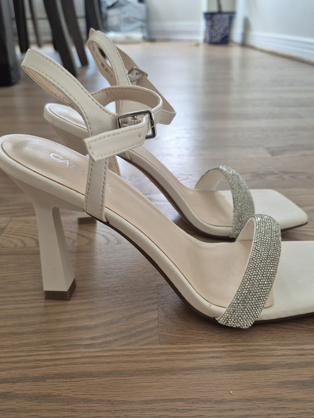 Catwalk White Slingback Heels with Sparkling Crystal Toe Strap